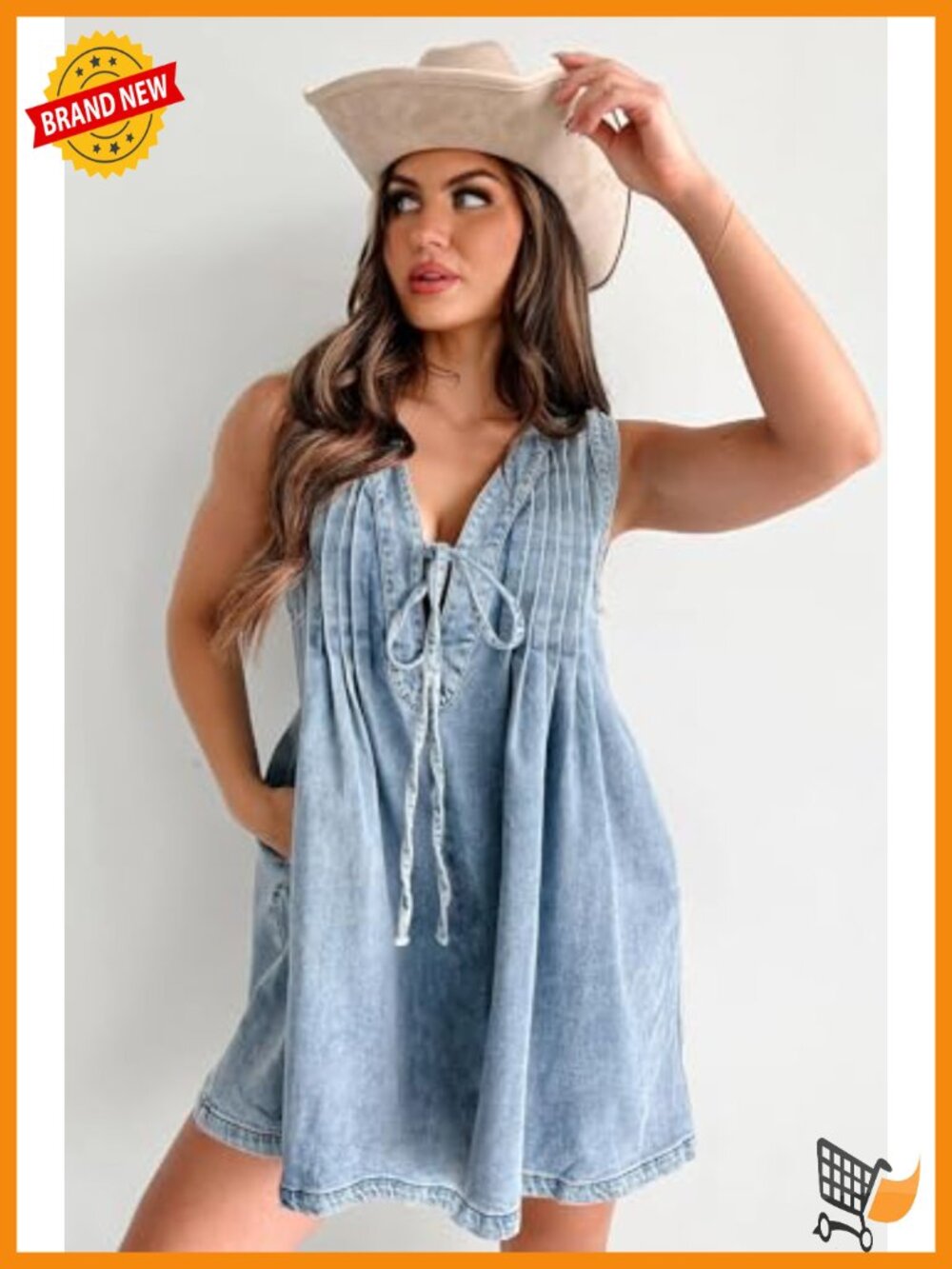 Women's Sleeveless V-Neck Denim Romper Dress with Pockets Loose Ruffle Flowy - Picture 3 of 3